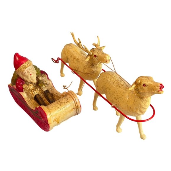 Santa Sleigh Celluloid Figurine Red Gold White 1920s Japan Vintage Decor - Picture 1 of 10
